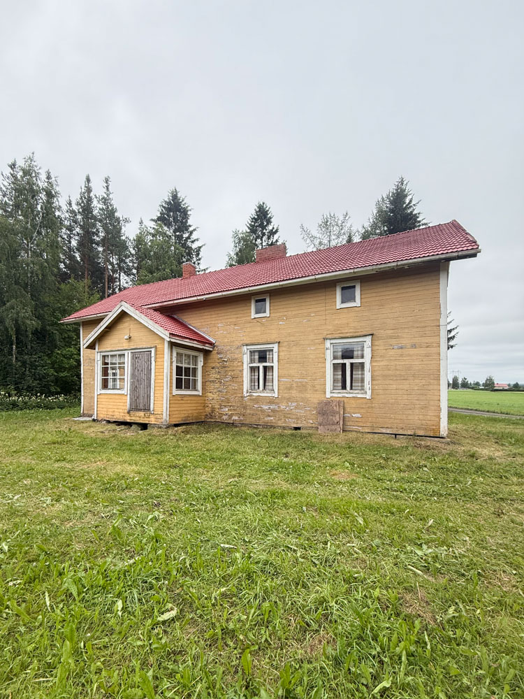 Keltainen talo ennen maalausta. Maali lohkeillut ja pinta tummunut.